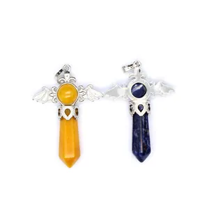Detailed view of yellow and blue hexagonal natural stone pendants with bat wings design