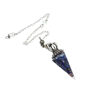 Natural lapis lazuli crystal chip resin dowsing pendulum with silver crown and chain