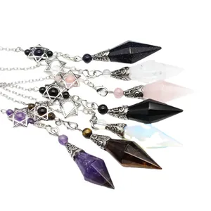 Set of diverse natural stone faceted dowsing pendulums featuring hexagram charms on chains