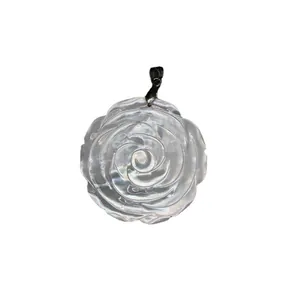 Minimalist carved white mother of pearl rose flower pendant with silver metal bail