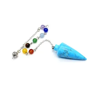 Macro detail of turquoise conical pendulum with seven chakra healing beads on silver chain