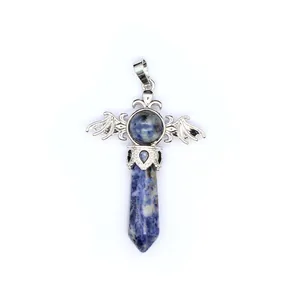 Detailed view of natural blue sodalite crystal hexagonal pillar pendant with silver wings