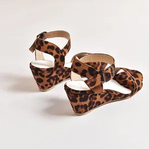 Back view of stylish leopard print wedge sandals featuring adjustable buckle straps