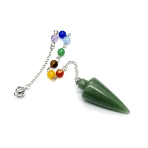 Detailed view of a green aventurine conical pendulum with seven chakra crystal beads chain