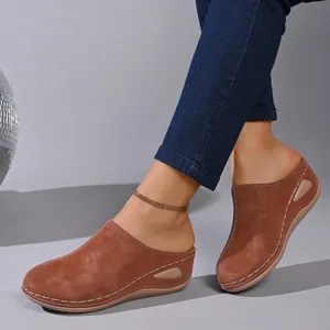 Detailed macro shot of brown women's wedge mules featuring contrast white stitching