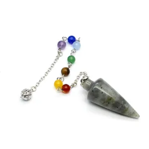 Detailed view of a natural stone conical dowsing pendulum with seven chakra beads