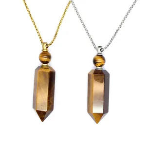 Natural Stone Hexagonal Prism Perfume Bottle Pendant Necklace Gold Silver Plated Essential Oil Diffuser Crystal Jewelry