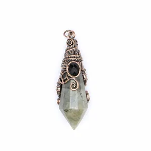 Close-up detail of handcrafted copper wire-wrapped natural labradorite wizard hat pendant