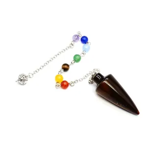 Tiger eye conical crystal dowsing pendulum with seven chakra beads on a silver chain detail