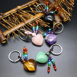 Herz Naturstein Schlüsselanhänger Chakra Perle Quaste Amethyst Rosenquarz Aventurin Obsidian Tigerauge Heilkristall Schlüsselring Für Damen Herren Tasche Zubehör