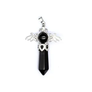 Gothic silver-tone bat wings pendant featuring a black hexagonal crystal and stone bead