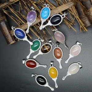 Vintage Magic Mirror Natural Stone Agate Pendant Alloy Rhinestone Carved Retro Jewelry DIY Necklace Pendant For Women