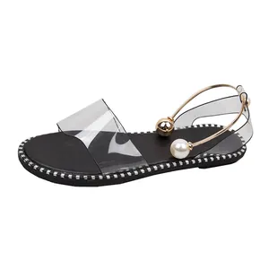 Vue détaillée de sandales plates avec bride transparente et attache perle métallique.
