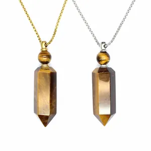 Detail of natural tiger's eye hexagonal pillar aromatherapy bottle necklace pendant