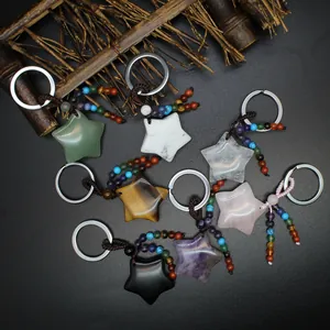 Detailed view of natural stone star keychains with colorful chakra bead tassels