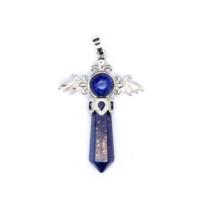 Detailed view of lapis lazuli hexagonal crystal pendant with silver devil wings