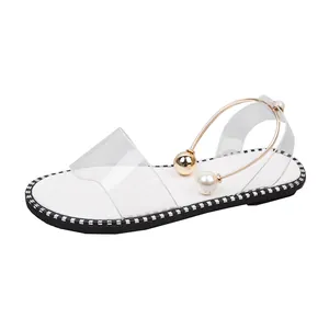 Vue détaillée de sandales plates transparentes avec élégants accents de perles et boucle dorée.
