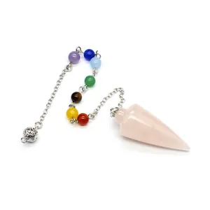 Detailed view of rose quartz conical pendulum with seven colorful chakra beads on silver chain