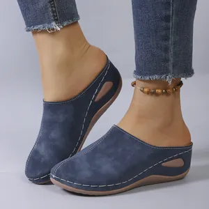 Women's casual blue wedge mules with closed-toe design and contrast stitching