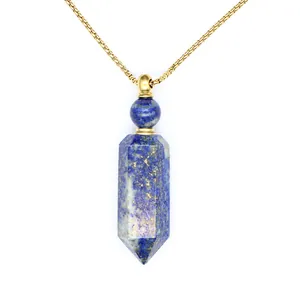 Close-up of natural blue lapis lazuli hexagonal prism aromatherapy bottle necklace