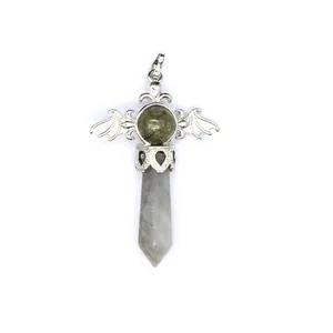 Detailed view of natural stone hexagonal prism pendant with silver angel wing design