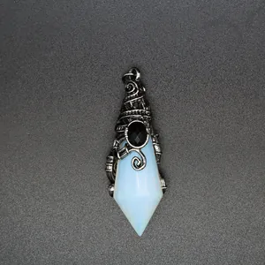 Witch hat shaped opalite crystal pendant with vintage silver wire wrap and black gem
