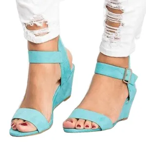 Elegant women's sky blue faux suede wedge sandals with adjustable ankle strap buckle