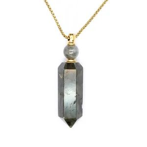 Natural stone hexagonal prism pendant necklace with gold plated chain for aromatherapy