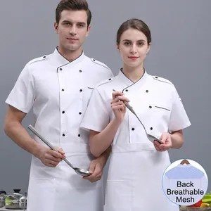 White short-sleeved professional chef jacket featuring a breathable mesh back panel for summer
