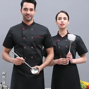 Professional black short-sleeved chef uniform with red trim for hotel restaurants.