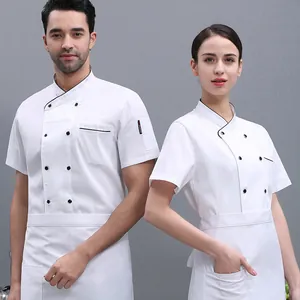 Professional male and female chef uniforms in white with short sleeves and black trim