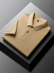 Close-up of khaki piqué cotton polo shirt showing fabric texture and ribbed collar detail