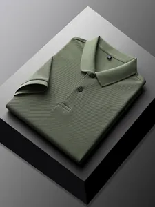Detailed view of olive green cotton polo shirt with pique fabric texture