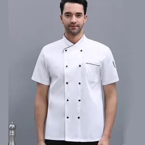 Professional white short-sleeved chef jacket for men in restaurant kitchen workwear