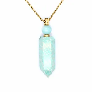 Macro detail of natural amazonite hexagonal crystal perfume bottle pendant necklace