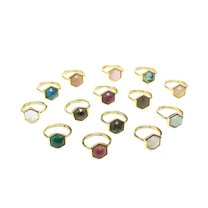 Natural stone hexagonal crystal open rings in various colors with gold-tone band