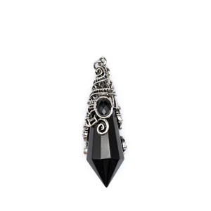 Gothic hexagonal pointed black crystal pendant with intricate silver wire wrap decoration