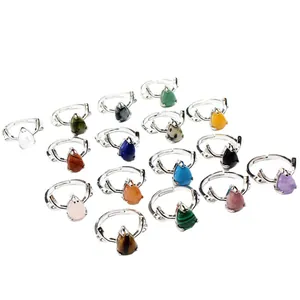 Collection of multi-color natural stone water-drop rings with silver antler adjustable bands