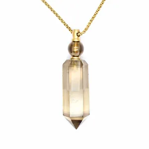 Detailed macro view of a hexagonal pillar crystal aromatherapy bottle necklace pendant