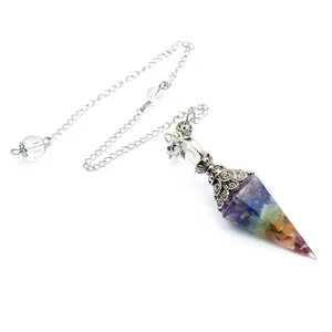 Mystical 7 Chakra natural crystal chips resin hexagonal cone dowsing pendulum for healing