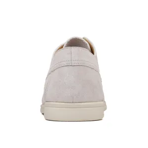 Detailed rear view showing the heel and white sole of a grey suede casual loafer