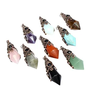 Assorted faceted natural crystal pendants in vintage wizard hat style design wrap