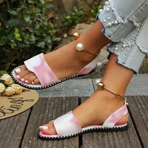 Sandales Plates Romaines pour Femmes en Cuir de Vachette Bout Ouvert Perle Artificielle Boucle à Bride de Cheville Été