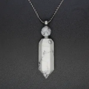Close-up detail of hexagonal white marble stone aromatherapy bottle pendant necklace.