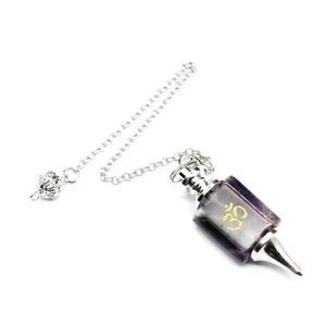 Detailed amethyst dowsing pendulum with golden Om symbol and silver chain for divination.