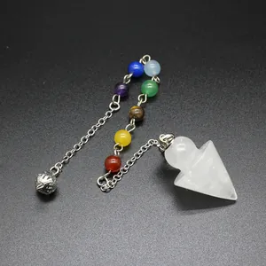Chakra dowsing pendulum with white crystal point and seven colorful energy beads