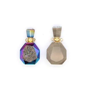 Close-up of iridescent electroplated agate and grey stone perfume bottle pendants.