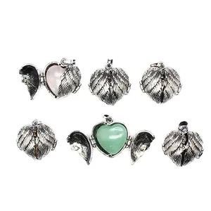 Vintage Angel Wing Heart Locket Pendant Necklace For Women Alloy Natural Stone Rose Quartz Amethyst Openable Jewelry Gift