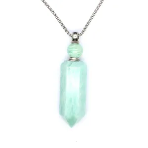 Detailed macro view of light green hexagonal natural stone aromatherapy bottle pendant
