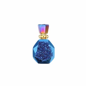 Detail view of a blue druzy agate perfume bottle pendant with a golden metal neck